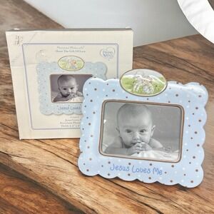 Precious Moments JESUS LOVES ME Baby Blue Ceramic Picture Frame NEW